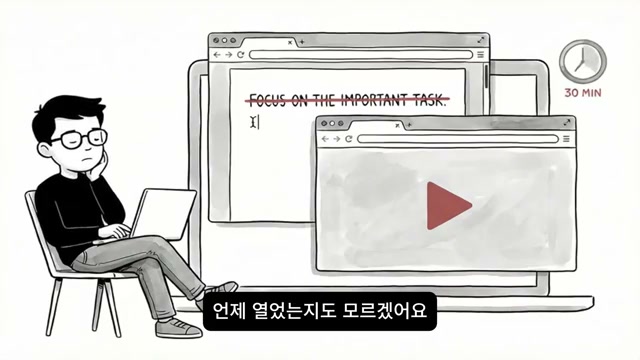 집중해야 할 창 대신 유튜브 창이 열리는 장면