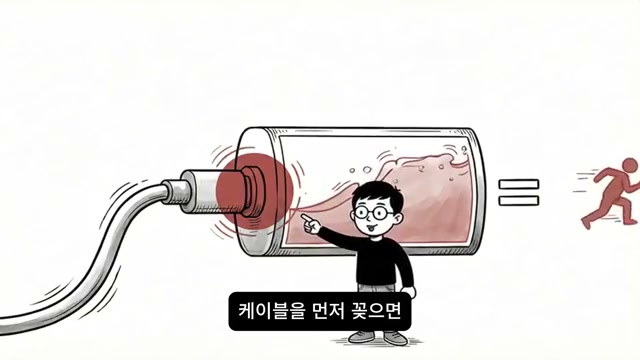 케이블을 꽂으면 같은 에너지가 채워진다는 장면