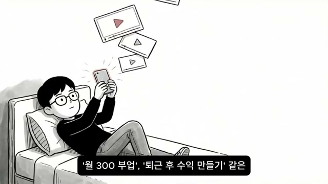 침대에서 부업 영상을 보는 장면
