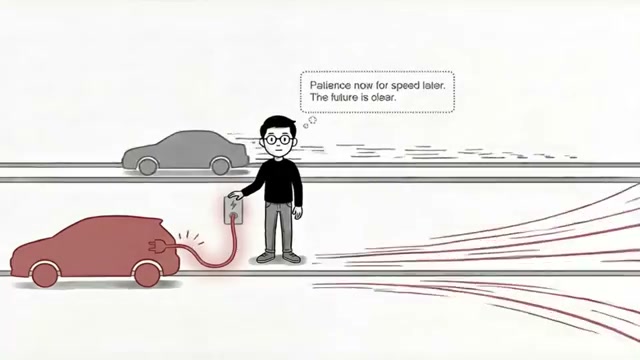전기차를 충전하는 장면과 “Patience now for speed later” 문구