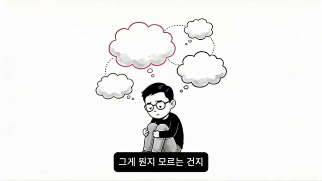 생각 구름에 둘러싸여 웅크린 인물