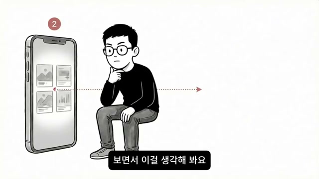 브랜드 게시물을 보는 스마트폰과 사색하는 인물