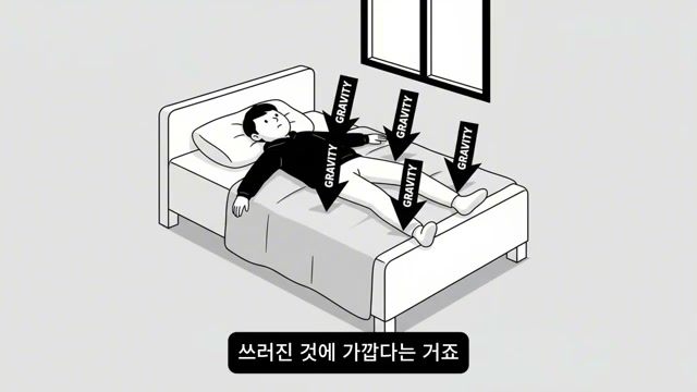 중력 화살표가 꽂힌 채 침대에 쓰러진 인물