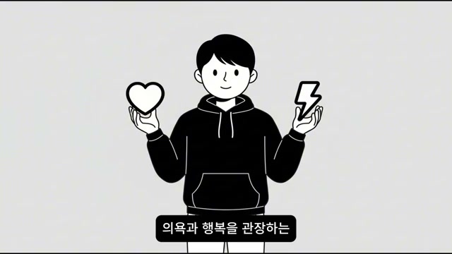 심장과 번개 아이콘으로 의욕과 행복을 상징하는 장면