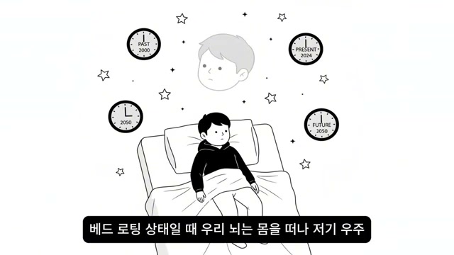 과거·현재·미래 시계 속에서 침대에 누운 인물