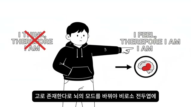 I THINK THEREFORE I AM이 지워지고 I FEEL THEREFORE I AM이 남는 장면