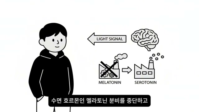 LIGHT SIGNAL, 멜라토닌 차단, 세로토닌 생산을 도식화한 화면