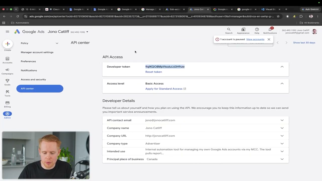 Google Ads API Center 화면